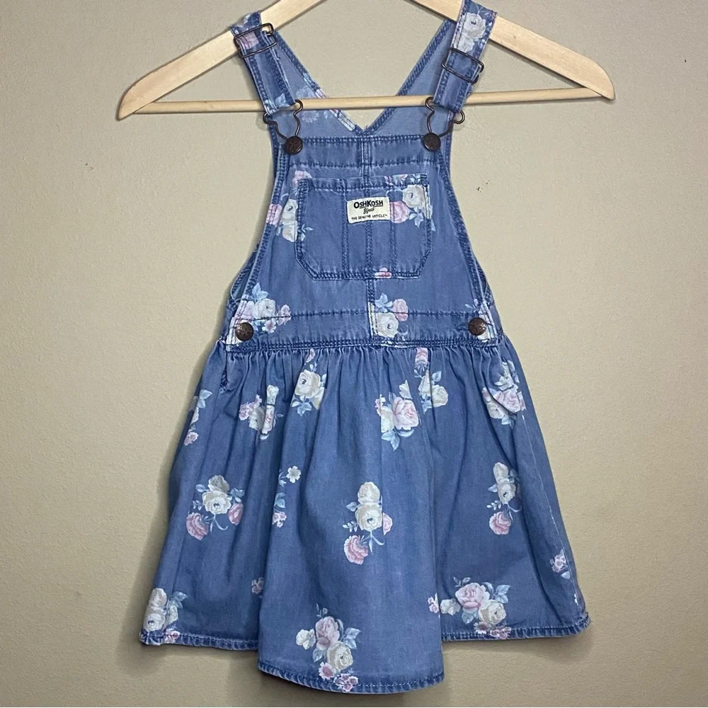 OshKosh B'gosh Vesbak Girls 4T Blue Jean Denim Overall Dress Pink Floral